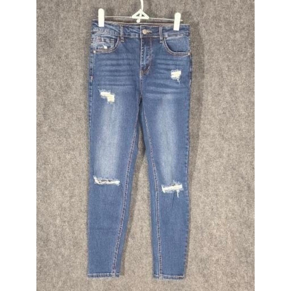 Shein Women High Rise Distressed Skinny Jean Medium Wash Blue Ripped Denim Sz 27